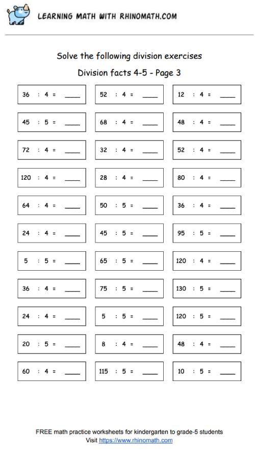 Division facts - dividing by 4-5 - page3