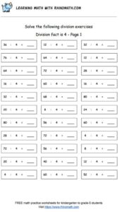 Division facts - dividing by 4 - page 1