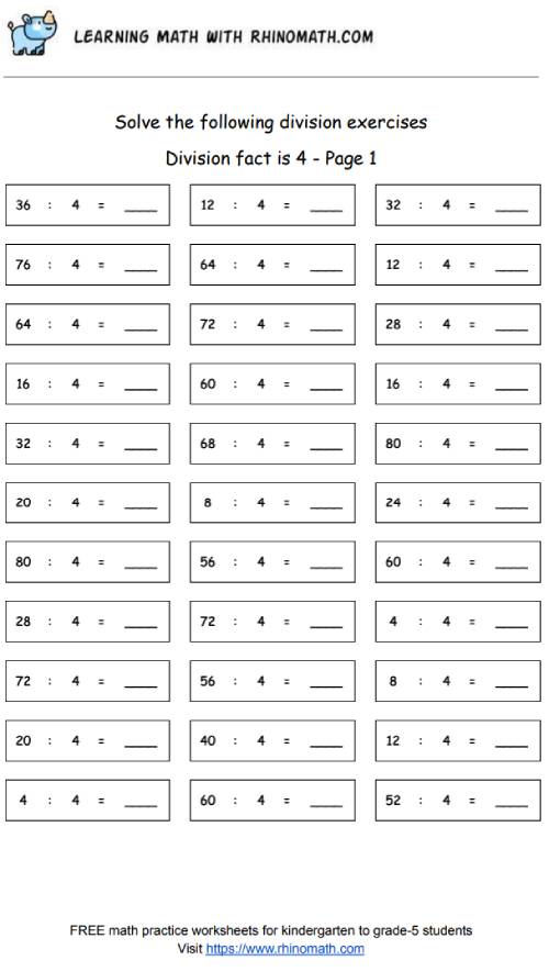 Division facts - dividing by 4 - page 1