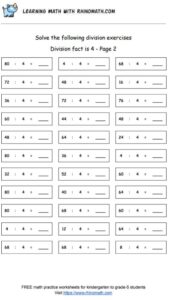 Division facts - dividing by 4 - page 2