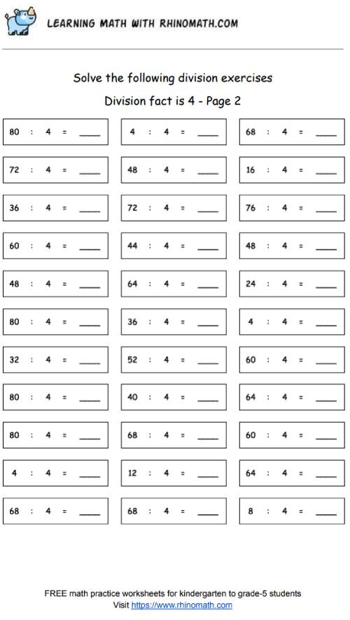 Division facts - dividing by 4 - page 2