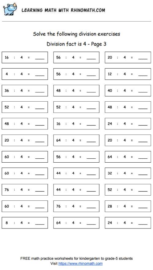 Division facts - dividing by 4 - page 3