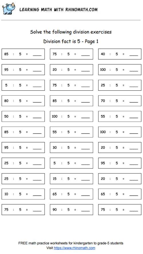 Division facts - dividing by 5 - page 1