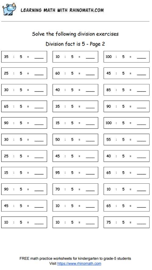 Division facts - dividing by 5 - page 2