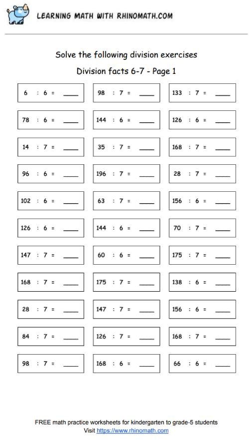 Division facts - dividing by 6-7 - page1