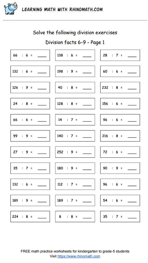 Division facts - dividing by 6-9 - page1