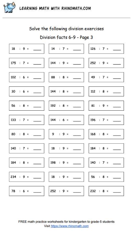 Division facts - dividing by 6-9 - page3