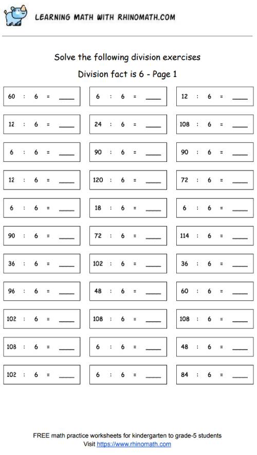 Division facts - dividing by 6 - page 1