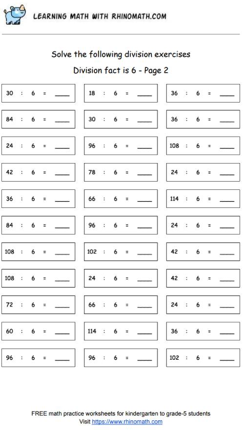 Division facts - dividing by 6 - page 2