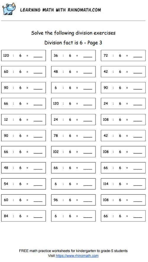 Division facts - dividing by 6 - page3