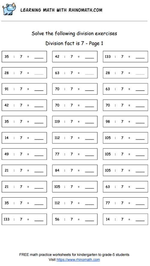 Division facts - dividing by 7 - page 1