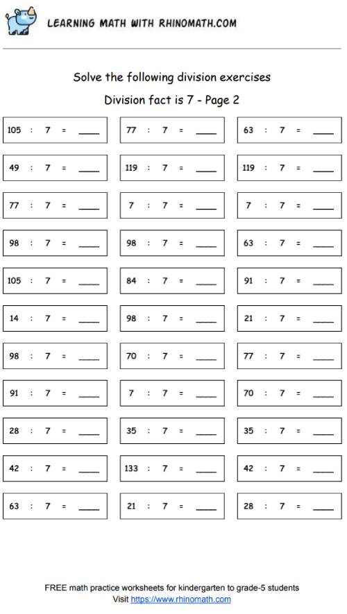 Division facts - dividing by 7 - page 2