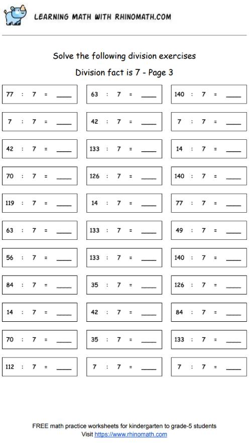 Division facts - dividing by 7 - page 3