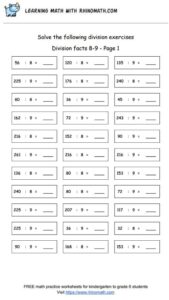 Division facts - dividing by 8-9 - page1