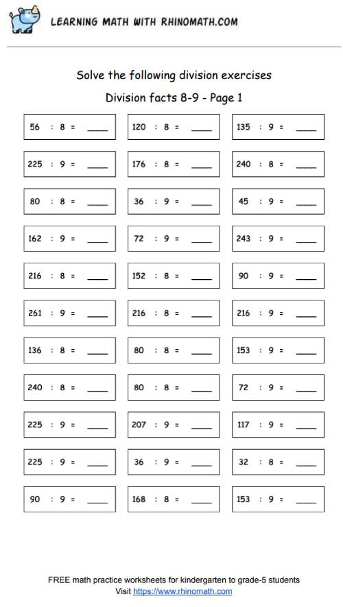 Division facts - dividing by 8-9 - page1