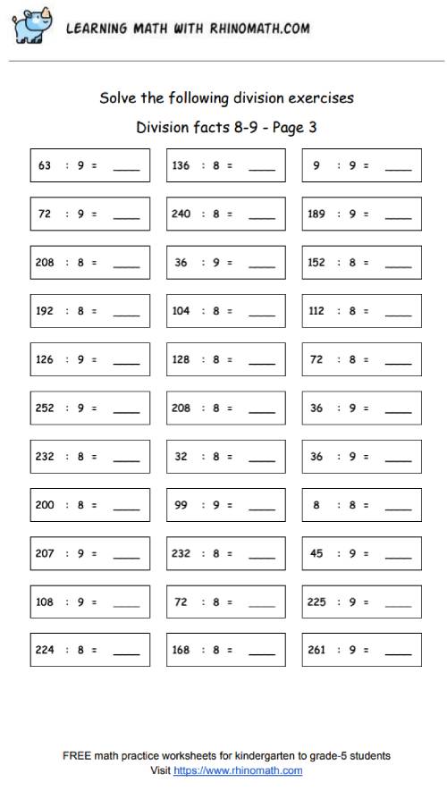 Division facts - dividing by 8-9 - page3