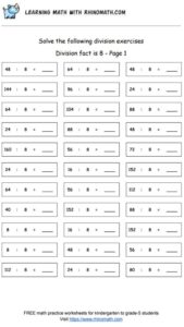 Division facts - dividing by 8 - page 1