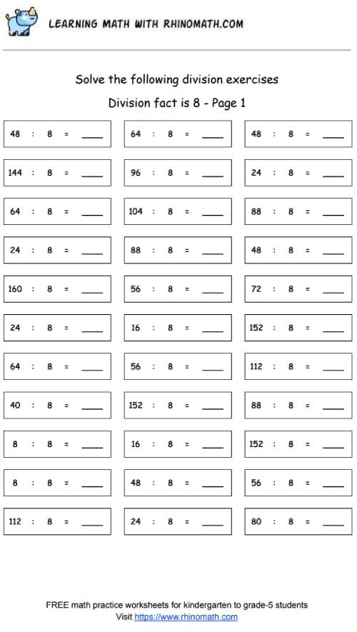 Division facts - dividing by 8 - page 1