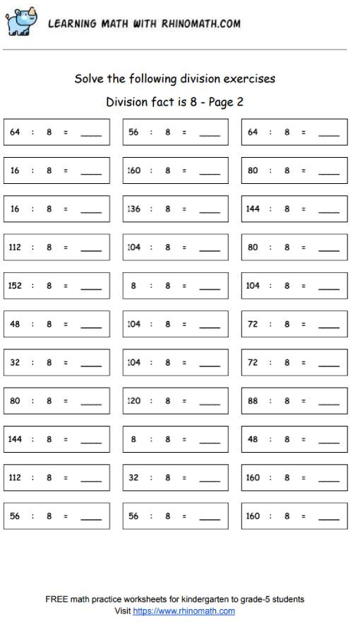 Division facts - dividing by 8 - page 2