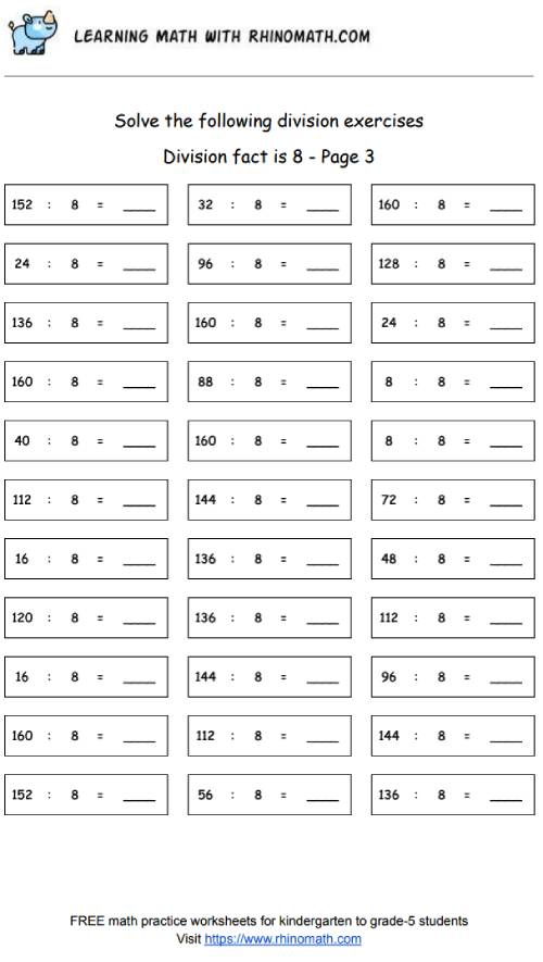 Division facts - dividing by 8 - page 3