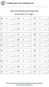 Division facts - dividing by 9 - page 1