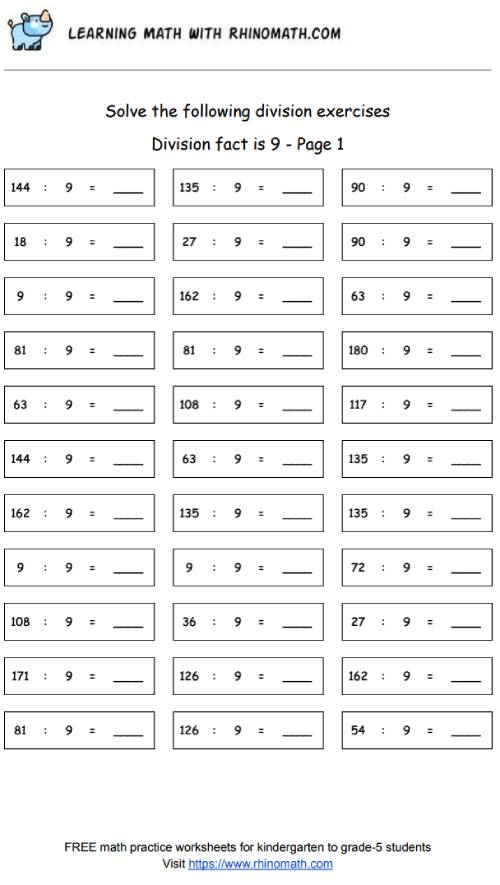 Division facts - dividing by 9 - page 1