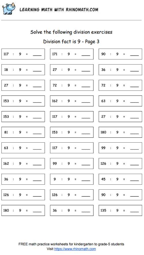 Division facts - dividing by 9 - page 3