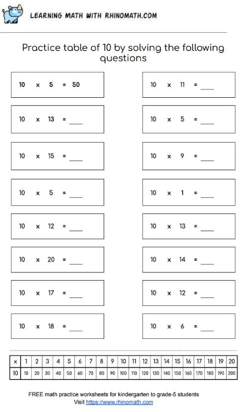 Table of 10 - multiplication chart worksheet - page 1