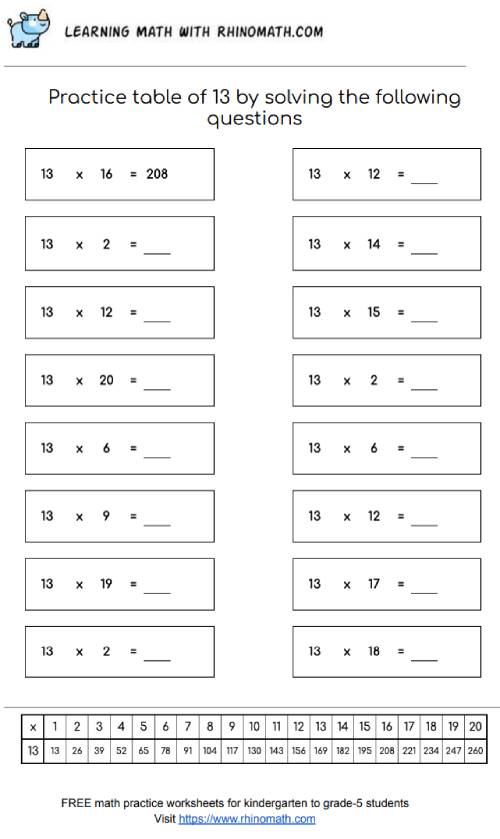 Table of 13 - multiplication chart worksheet - page 1