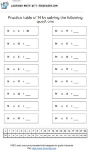 Table of 14 - multiplication chart worksheet - page 1