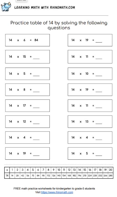 Table of 14 - multiplication chart worksheet - page 1
