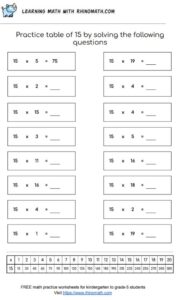 Table of 15 - multiplication chart worksheet - page 1