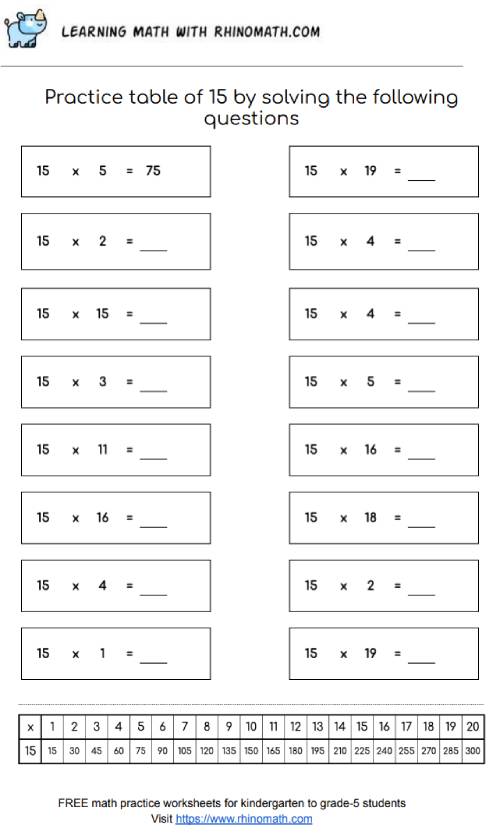 Table of 15 - multiplication chart worksheet - page 1