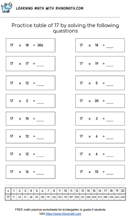Table of 17 - multiplication chart worksheet - page 1
