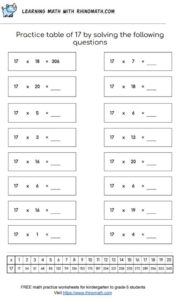 Table of 17 - multiplication chart worksheet - page 2
