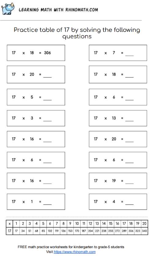 Table of 17 - multiplication chart worksheet - page 2