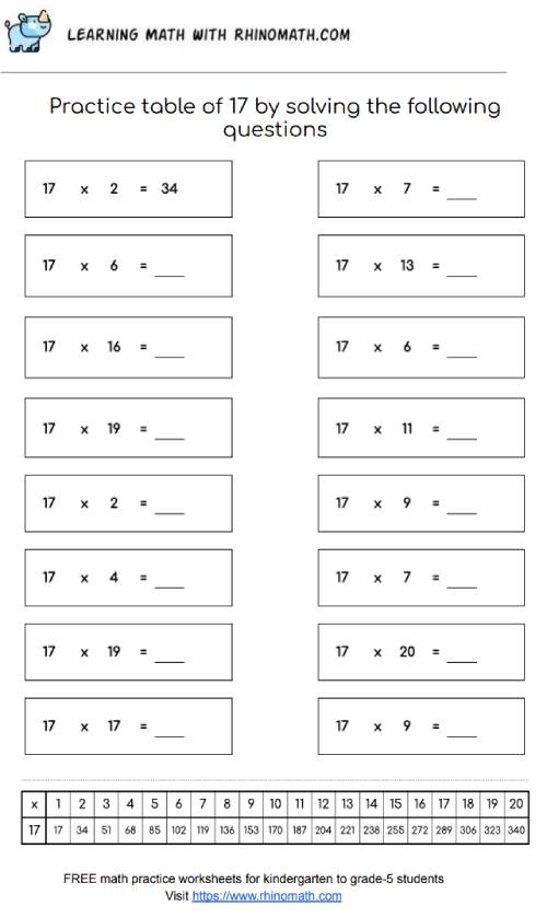 Table of 17 - multiplication chart worksheet - page 3