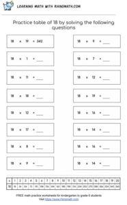 Table of 18 - multiplication chart worksheet - page 2