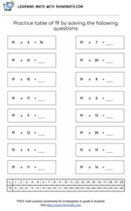 Table of 19 - multiplication chart worksheet - page 1