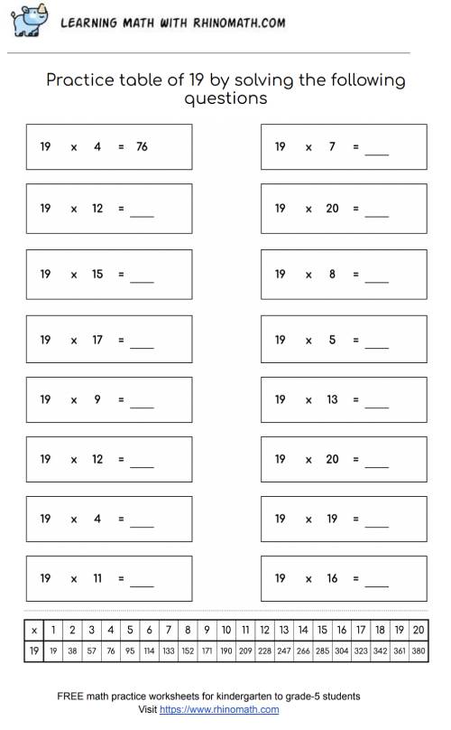 Read more about the article Table of 19 Worksheet – Page 1