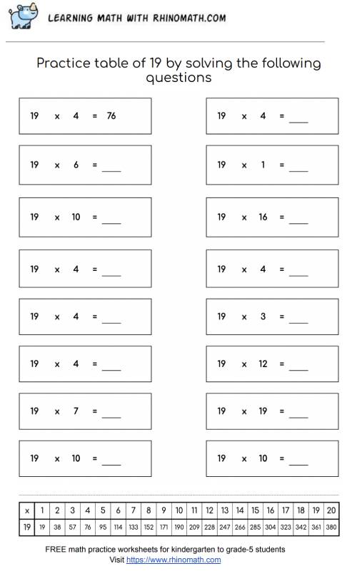 Read more about the article Table of 19 Worksheet – Page 3