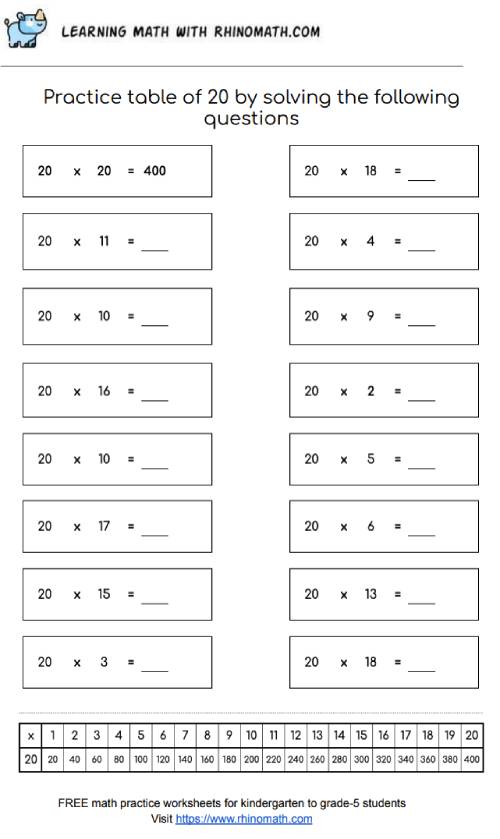 Table of 20 - multiplication chart worksheet - page 1