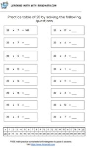 Table of 20 - multiplication chart worksheet - page 2