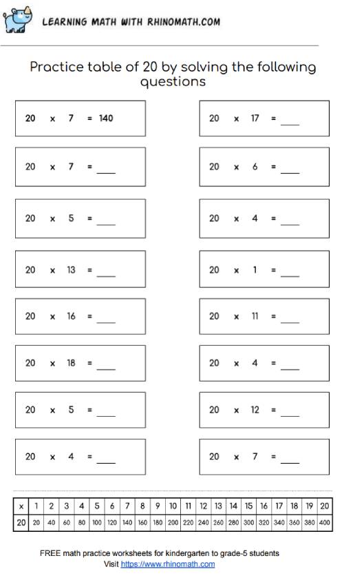 Table of 20 - multiplication chart worksheet - page 2