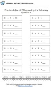 Table of 20 - multiplication chart worksheet - page 3