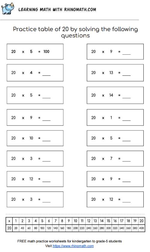 Read more about the article Table of 20 Worksheet – Page 3