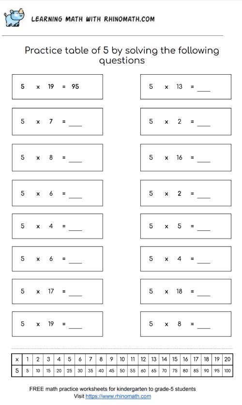 Table of 5 - multiplication chart worksheet - page 1