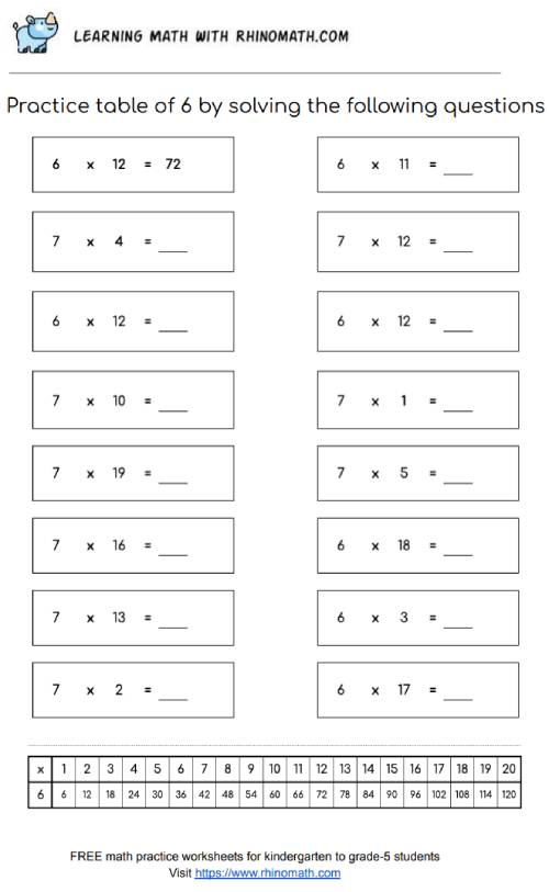 Table of 6 - multiplication chart worksheet - page 1