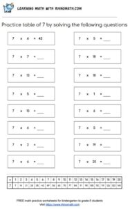 Table of 7 - multiplication chart worksheet - page 1