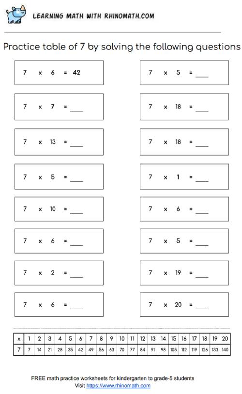Table of 7 - multiplication chart worksheet - page 1